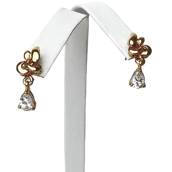 Rhinestone Dangle Earrings Teardrop Bright Clear Sparkle Shiny Gold Tone Post - Picture 7 of 9